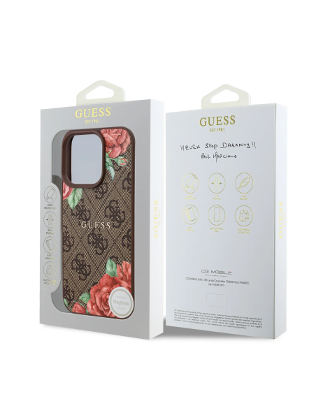Funda GUESS iPhone 16 Polipiel con MagSafe Logo 4G Rosas Marrón