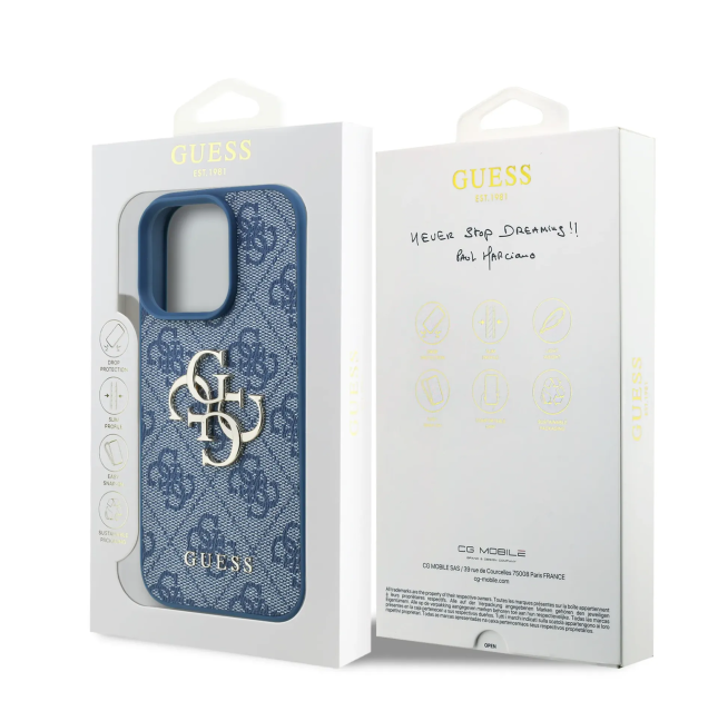 Funda GUESS para iPhone 16 Pro Max con correa de perlas, efecto piel y logotipo 4G (Azul)