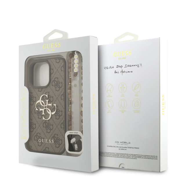 Funda GUESS para iPhone 16 Pro Max con correa de perlas, efecto piel y logotipo 4G (Marrón)