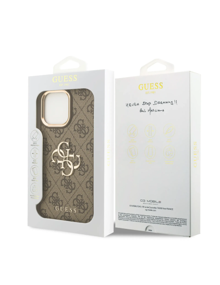 Funda GUESS iPhone 16 Pro Max Polipiel Marrón con Logo Clásico Dorado