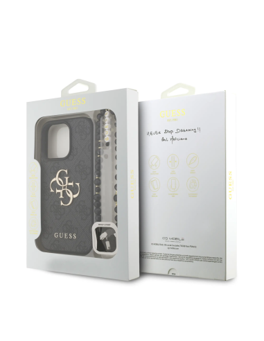 GUESS Case for iPhone 16 Pro Max with Pearl Strap, PU Finish and 4G Logo (Black)