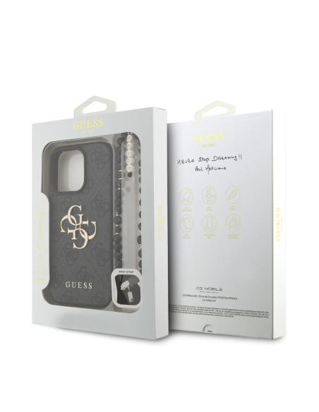 GUESS Case for iPhone 16 Pro Max with Pearl Strap, PU Finish and 4G Logo (Black)