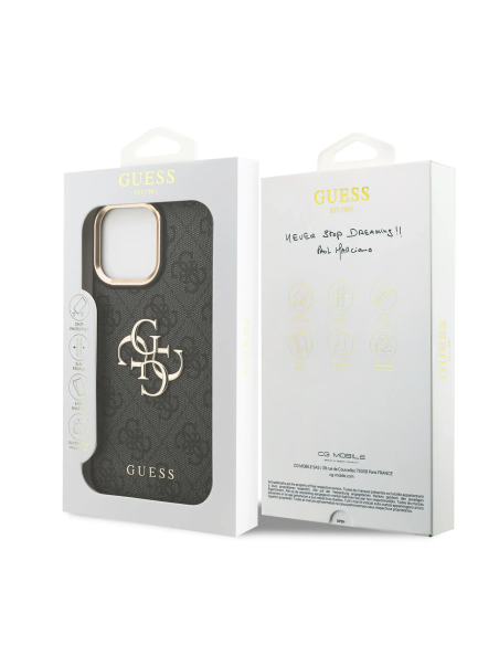 GUESS – Funda iPhone 16 Pro Max en Polipiel Negra con Logo Clásico Dorado