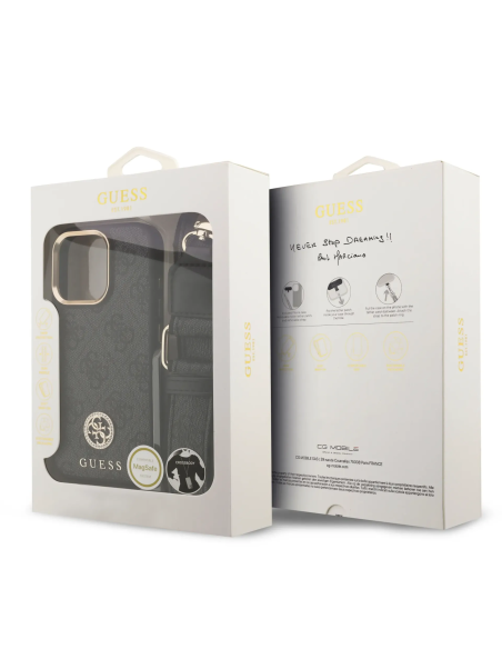 GUESS – Funda iPhone 16 Pro con MagSafe en Color Negro, Logo 4G de Strass y Correa Ancha