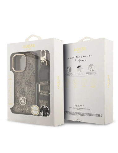Funda GUESS iPhone 16 Pro con Magsafe Logo 4G de Strass y Correa Ancha Marrón