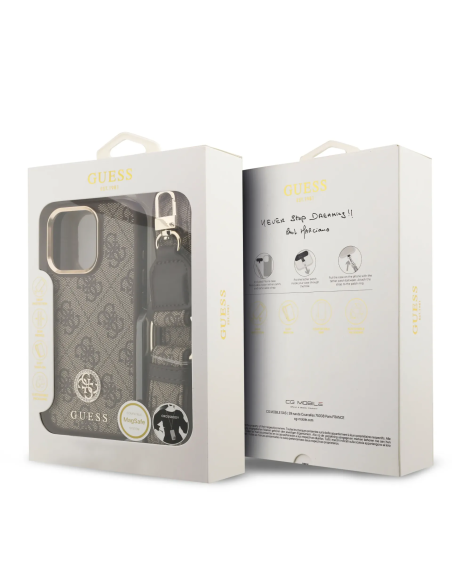 Funda GUESS iPhone 16 Pro con Magsafe Logo 4G de Strass y Correa Ancha Marrón