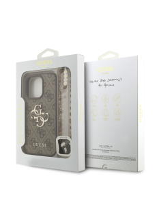 GUESS – Funda iPhone 16 Pro en Polipiel Marrón con Logo 4G Clásico y Correa de Perlas