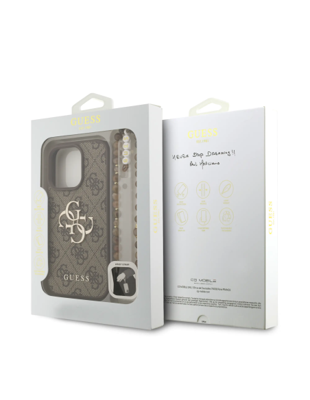 GUESS Case for iPhone 16 Pro with Pearl Strap, PU Finish and 4G Logo (Brown)