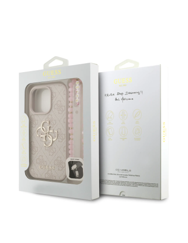 GUESS Case for iPhone 16 Pro with Pearl Strap, PU Finish and 4G Logo (Pink)