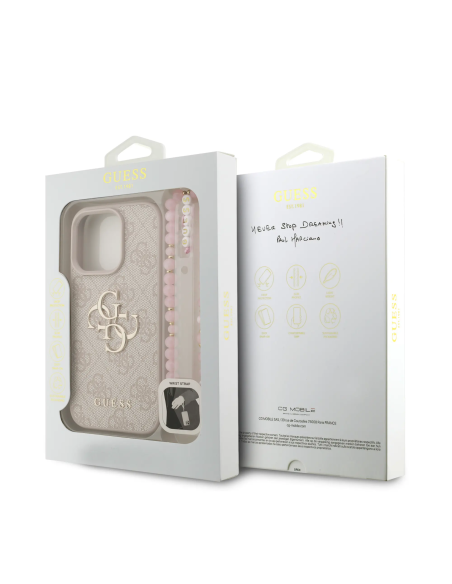 GUESS Case for iPhone 16 Pro with Pearl Strap, PU Finish and 4G Logo (Pink)