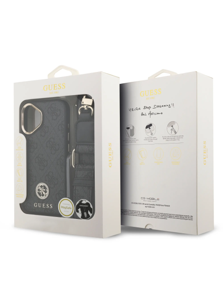 Funda GUESS iPhone 16 con Magsafe Logo 4G de Strass y Correa Ancha Negra