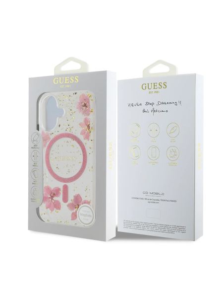 Funda GUESS iPhone 16 MagSafe con Flores Rosas y Detalles Dorados