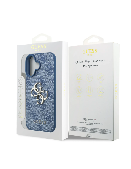 GUESS – Funda iPhone 16 en Polipiel Azul con Logo 4G Clásico y Correa de Perlas