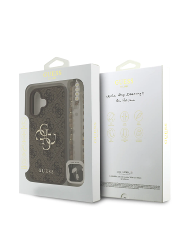 Funda GUESS para iPhone 16 con correa de perlas, efecto piel y logotipo 4G (Marrón)