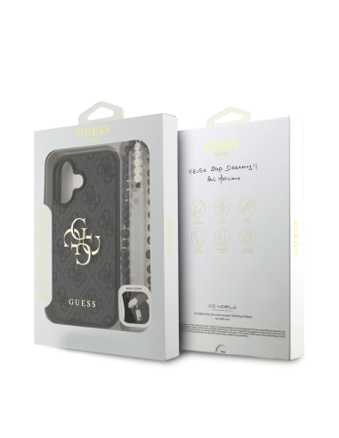 GUESS Case for iPhone 16 with Pearl Strap, PU Finish and 4G Logo (Black)