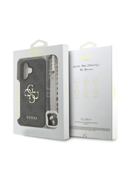 GUESS Case for iPhone 16 with Pearl Strap, PU Finish and 4G Logo (Black)