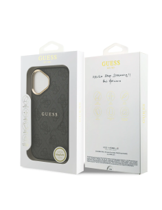 GUESS – Funda iPhone 16 en Polipiel Negra con MagSafe y Logo Clásico