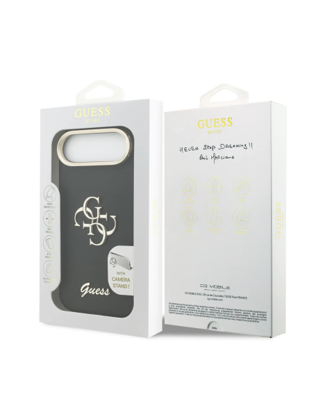 GUESS Case for iPhone 17 Air with Grainy Leather Effect, 4G Logo and Camera Stand (Black)