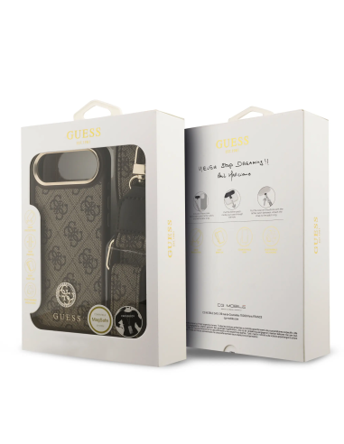 Funda GUESS iPhone 17 Air de Polipiel Marrón con Logo Strass y Correa Ancha