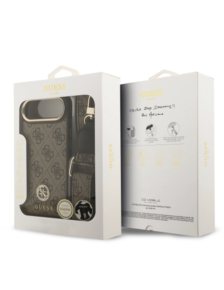 GUESS – Funda iPhone 17 Air en Polipiel Marrón con Logo de Strass y Correa Ancha