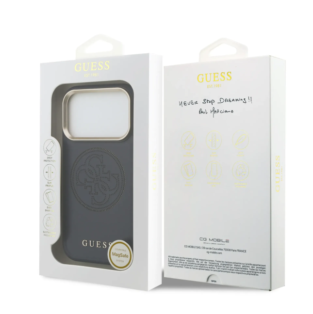 Funda GUESS para iPhone 17 con MagSafe, efecto piel y logotipo dorado perforado (Azul marino)