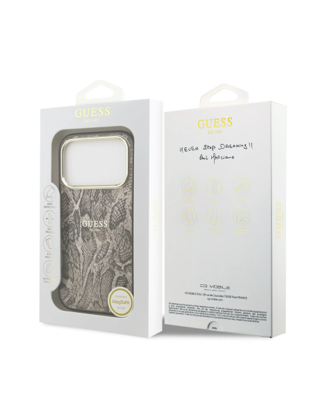 GUESS – Funda iPhone 17 Pro (PC + TPU) con MagSafe y Estampado Pitón en Color Marrón