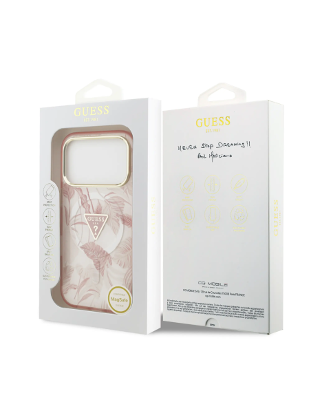 GUESS – Funda iPhone 17 Pro/18 Pro (PC + TPU) con MagSafe y Estampado Selvático en Color Rosa