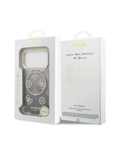 GUESS – Funda iPhone 17 Pro/18 Pro (PC + TPU) con MagSafe Diseño Peonía con Brillos en Color Negro