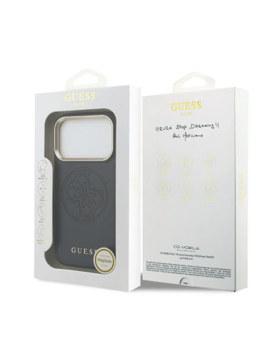 GUESS MagSafe Case for iPhone 17 Pro, faux leather with gold perforated logo (Navy)
