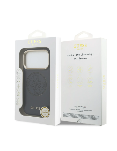 GUESS MagSafe Case for iPhone 17 Pro, faux leather with gold perforated logo (Navy)