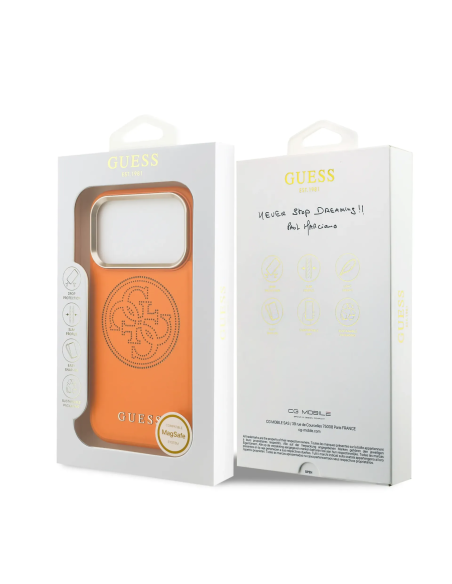Funda GUESS para iPhone 17 Pro con MagSafe, efecto piel y logotipo dorado perforado (Naranja)