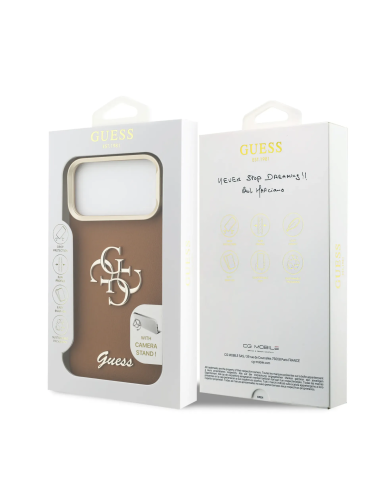GUESS – Funda iPhone 17 Pro Max Efecto Granulado Marrón con Logo y Soporte