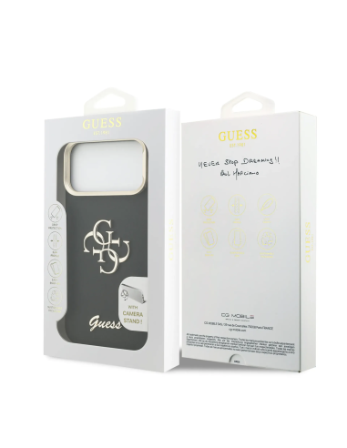 GUESS Case for iPhone 17 Pro Max with Grainy Leather Effect, 4G Logo and Camera Stand (Black)