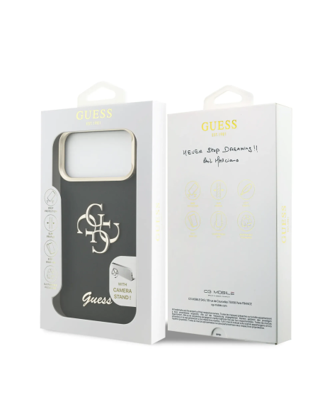 Funda GUESS para iPhone 17 Pro Max/18 Pro Max efecto granulado con logotipo 4G y soporte integrado (Negro)