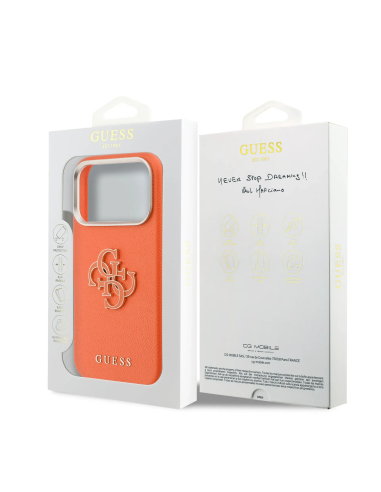 GUESS – Funda iPhone 17 Pro Max Efecto Piel Naranja con Logo Guess
