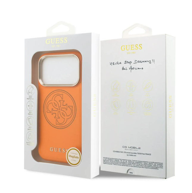 Funda GUESS para iPhone 17 Pro Max/18 Pro Max con MagSafe, efecto piel y logotipo dorado perforado (Naranja)