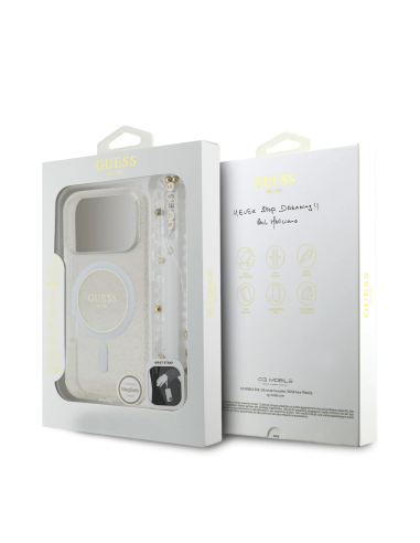 GUESS – Funda iPhone 17 Pro Max/18 Pro Max Transparente con MagSafe Brillos y Correa de Perlas