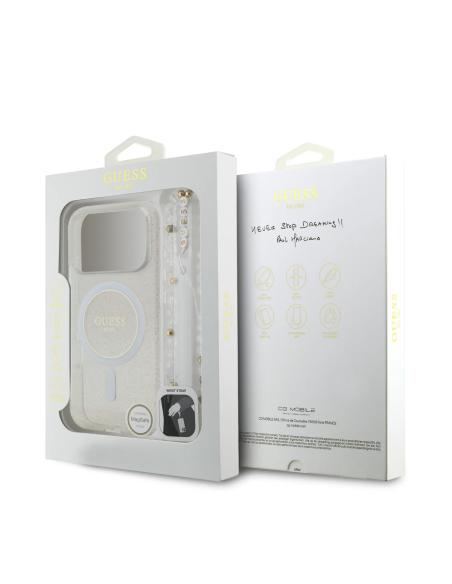 Funda GUESS iPhone 17 Pro Max Transparente Magsafe con Brillo y Correa de Perlas