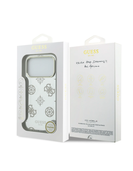 GUESS – Funda iPhone 17 Pro Max/18 Pro Max con MagSafe Acabado Espejo y Diseño de Peonías con Brillos Dorados