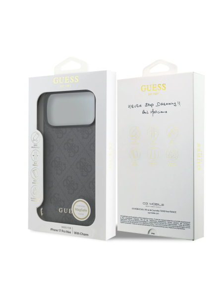GUESS – Funda iPhone 17 Pro Max/18 Pro Max en Color Negro con Logo 4G y Charm Dorado