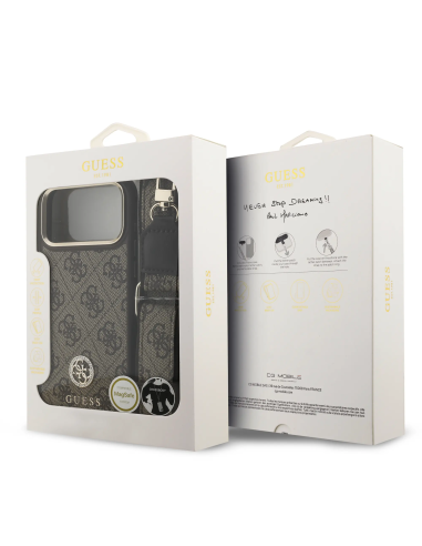 GUESS – Funda iPhone 17 Pro Max/18 Pro Max en Polipiel Marrón con Logo de Strass y Correa Ancha