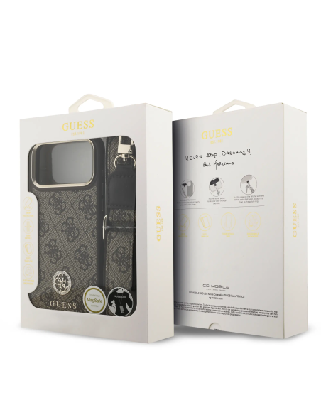 Funda GUESS iPhone 17 Pro Max de Polipiel Marrón con Logo Strass y Correa Ancha