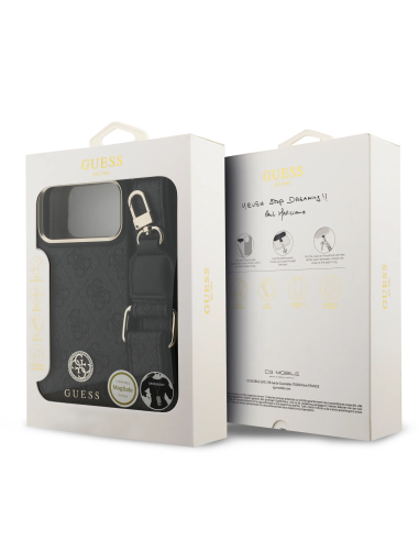 GUESS – Funda iPhone 17 Pro Max/18 Pro Max en Polipiel Negra con Logo Strass y Correa Ancha