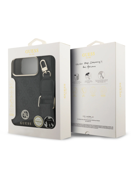 GUESS – Funda iPhone 17 Pro Max/18 Pro Max en Polipiel Negra con Logo Strass y Correa Ancha