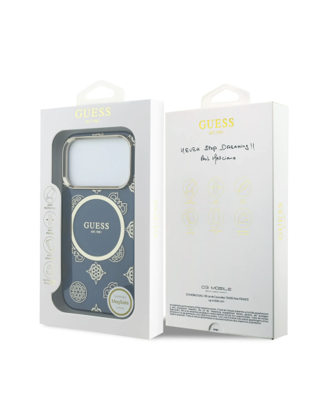 GUESS – Funda iPhone 17 Pro/18 Pro Rígida Azul Multilogo