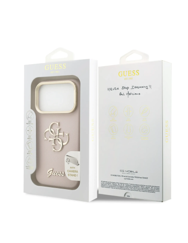 Funda GUESS para iPhone 17 Pro/18 Pro efecto granulado con logotipo 4G y soporte integrado (Rosa)