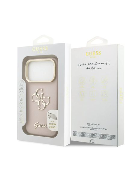 Funda GUESS para iPhone 17 Pro/18 Pro efecto granulado con logotipo 4G y soporte integrado (Rosa)