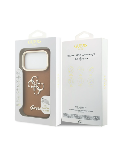 GUESS – Funda iPhone 17 Pro con Efecto Granulado en Color Marrón Logo GUESS y Soporte Integrado