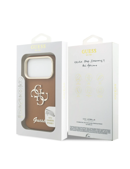 GUESS – Funda iPhone 17 Pro con Efecto Granulado en Color Marrón Logo GUESS y Soporte Integrado