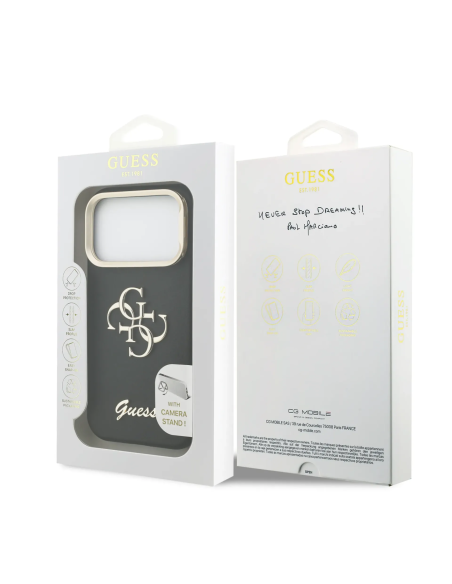 Funda GUESS para iPhone 17 Pro/18 Pro efecto granulado con logotipo 4G y soporte integrado (Negro)